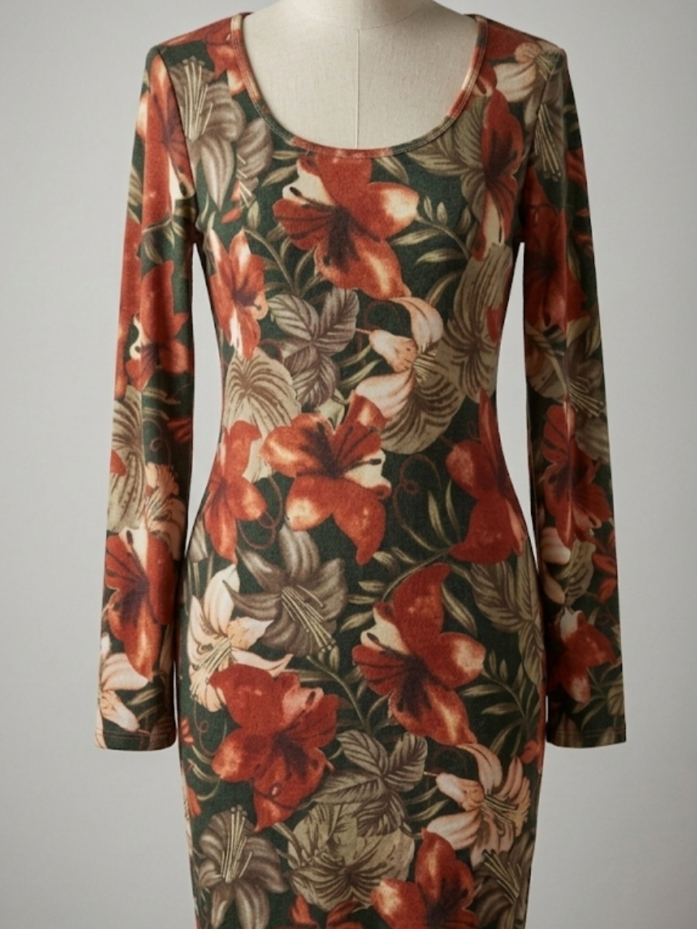 Black Bead Floral Long-Sleeve Bodycon Dress in Rust and Green